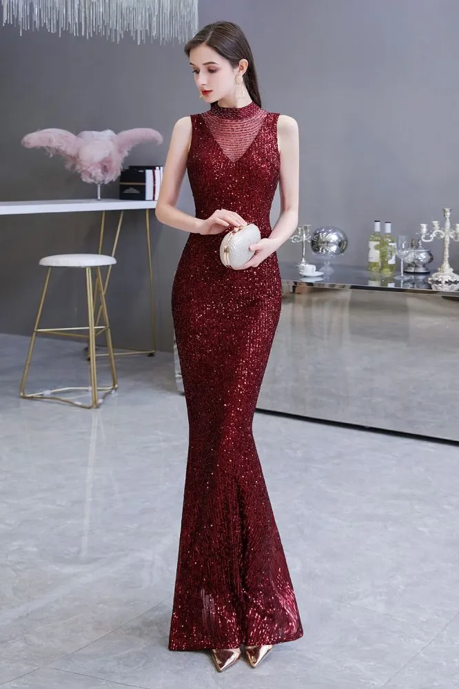 Elegant Illusion Neck Burgundy Sleeveless Mermaid Prom Dress