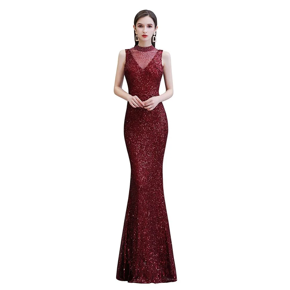 Elegant Illusion Neck Burgundy Sleeveless Mermaid Prom Dress