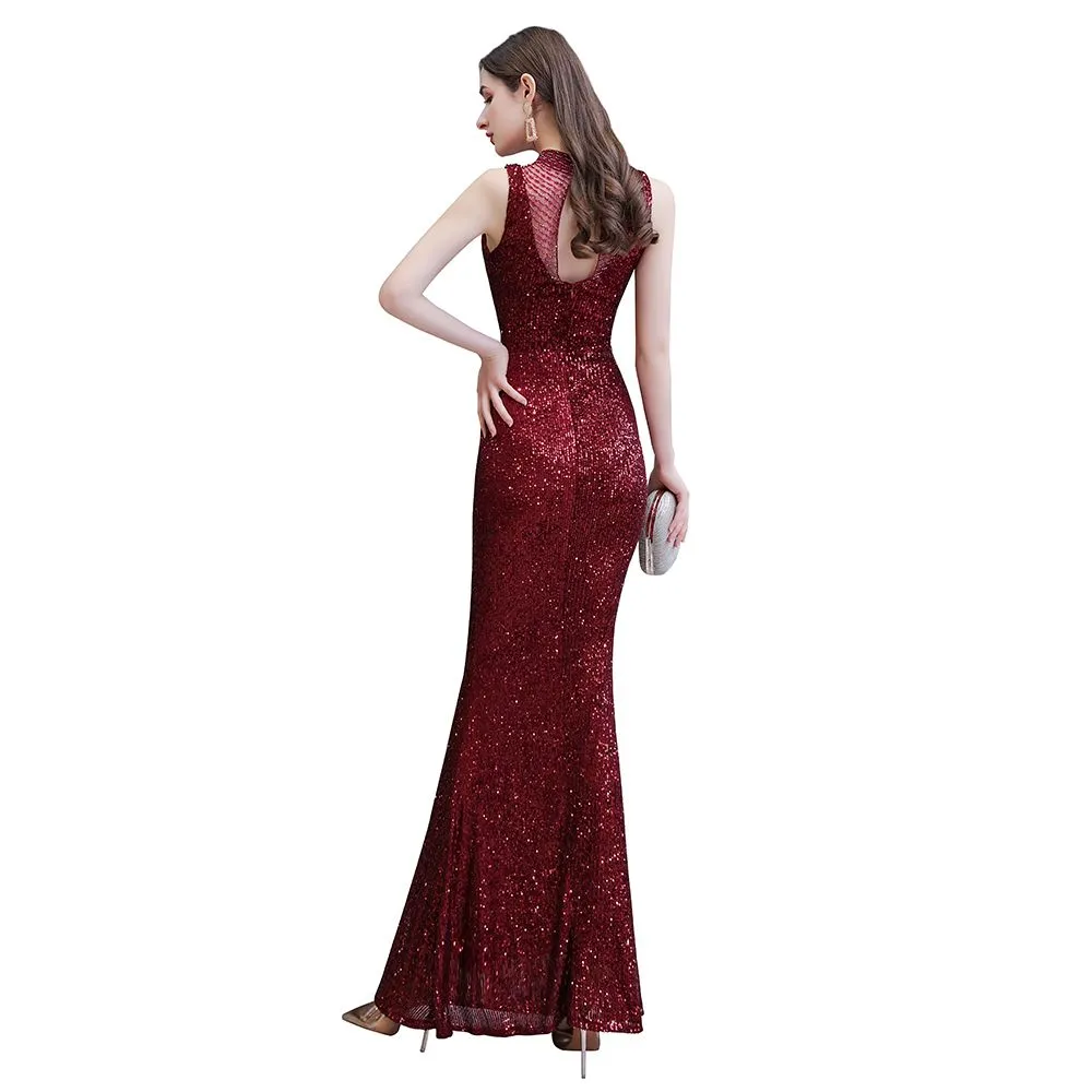 Elegant Illusion Neck Burgundy Sleeveless Mermaid Prom Dress