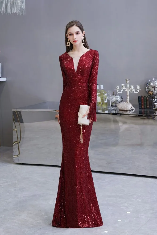 Elegant Sequined Burgundy V-Neck Mermaid Cocktail Party Dress Floor Length