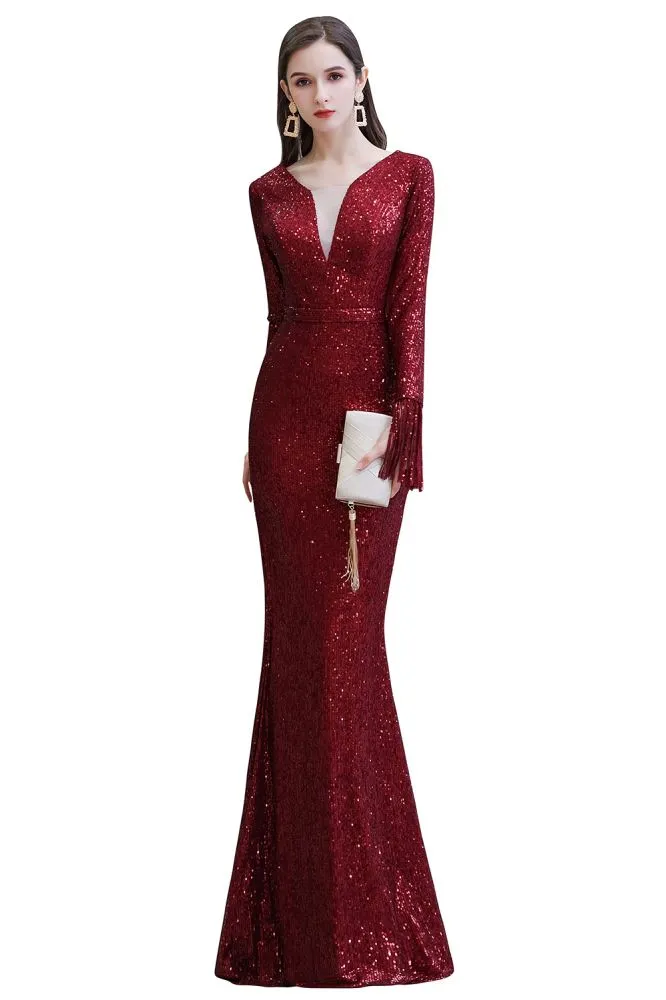 Elegant Sequined Burgundy V-Neck Mermaid Cocktail Party Dress Floor Length