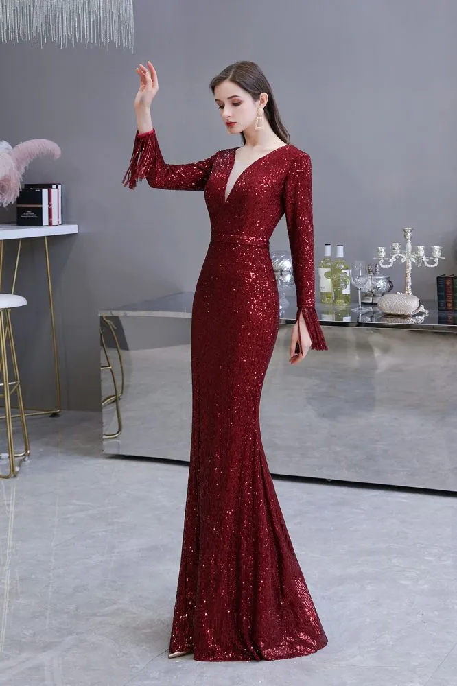 Elegant Sequined Burgundy V-Neck Mermaid Cocktail Party Dress Floor Length