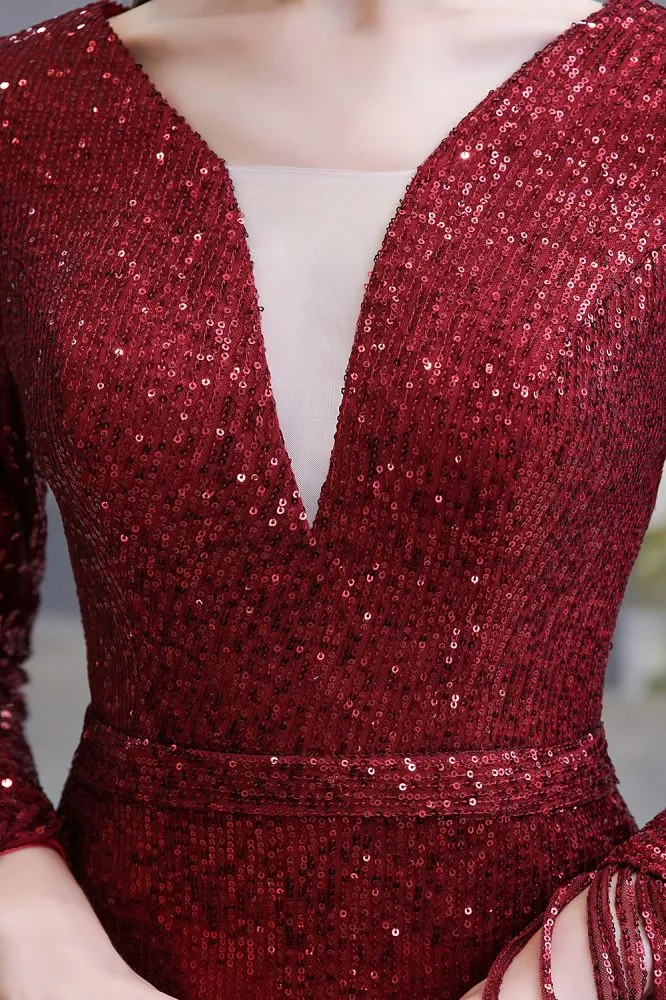 Elegant Sequined Burgundy V-Neck Mermaid Cocktail Party Dress Floor Length