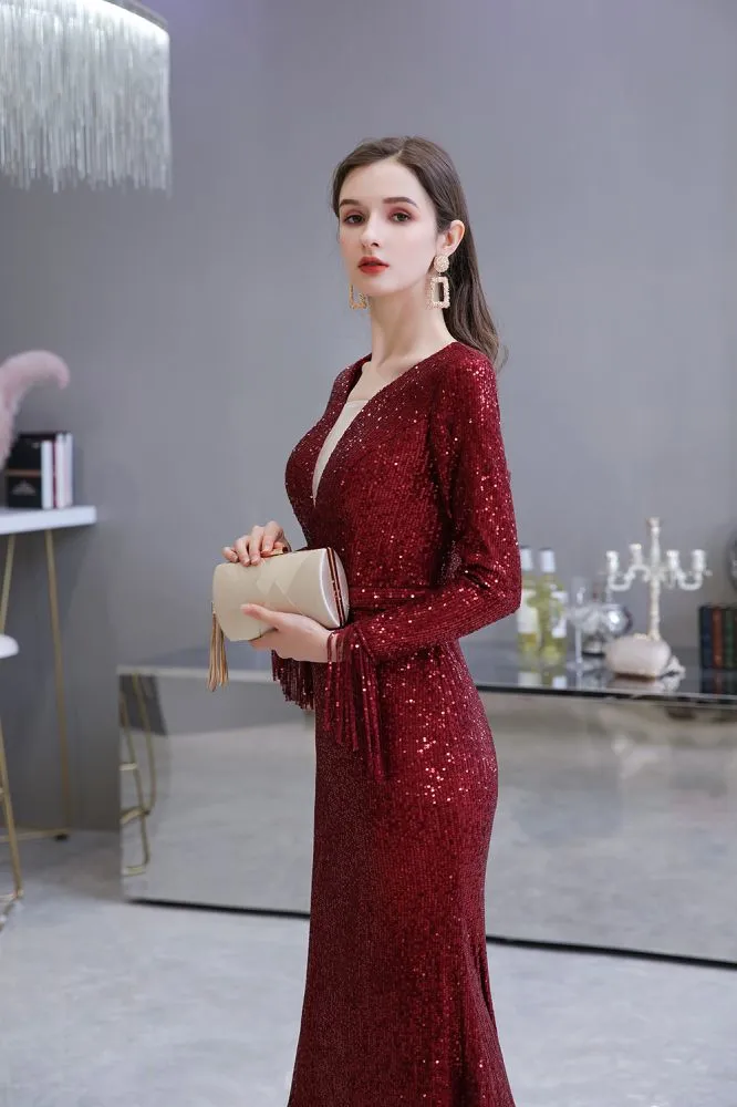 Elegant Sequined Burgundy V-Neck Mermaid Cocktail Party Dress Floor Length