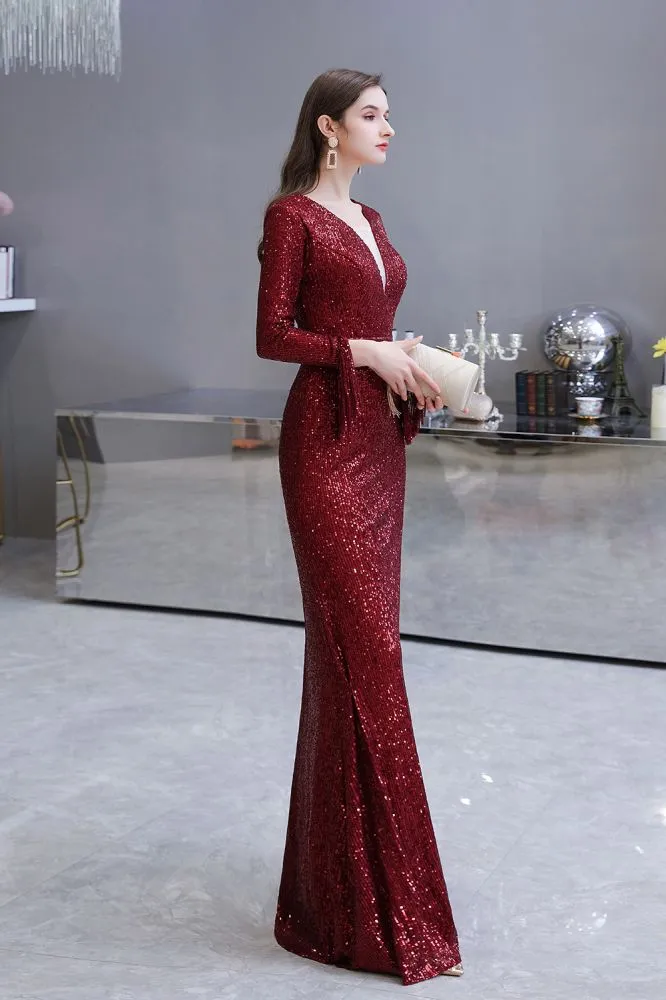 Elegant Sequined Burgundy V-Neck Mermaid Cocktail Party Dress Floor Length