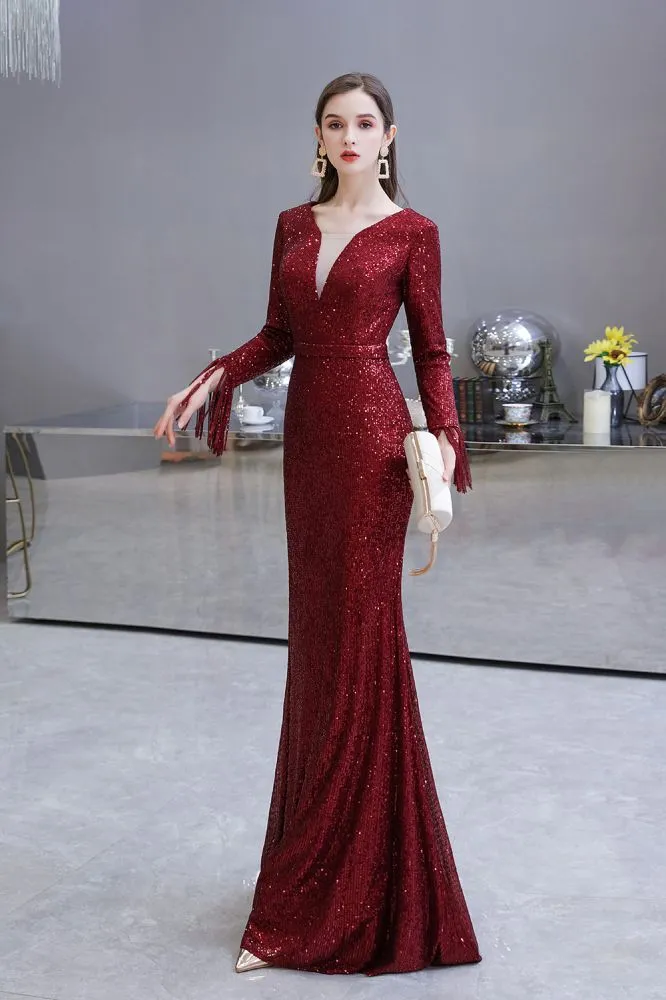 Elegant Sequined Burgundy V-Neck Mermaid Cocktail Party Dress Floor Length