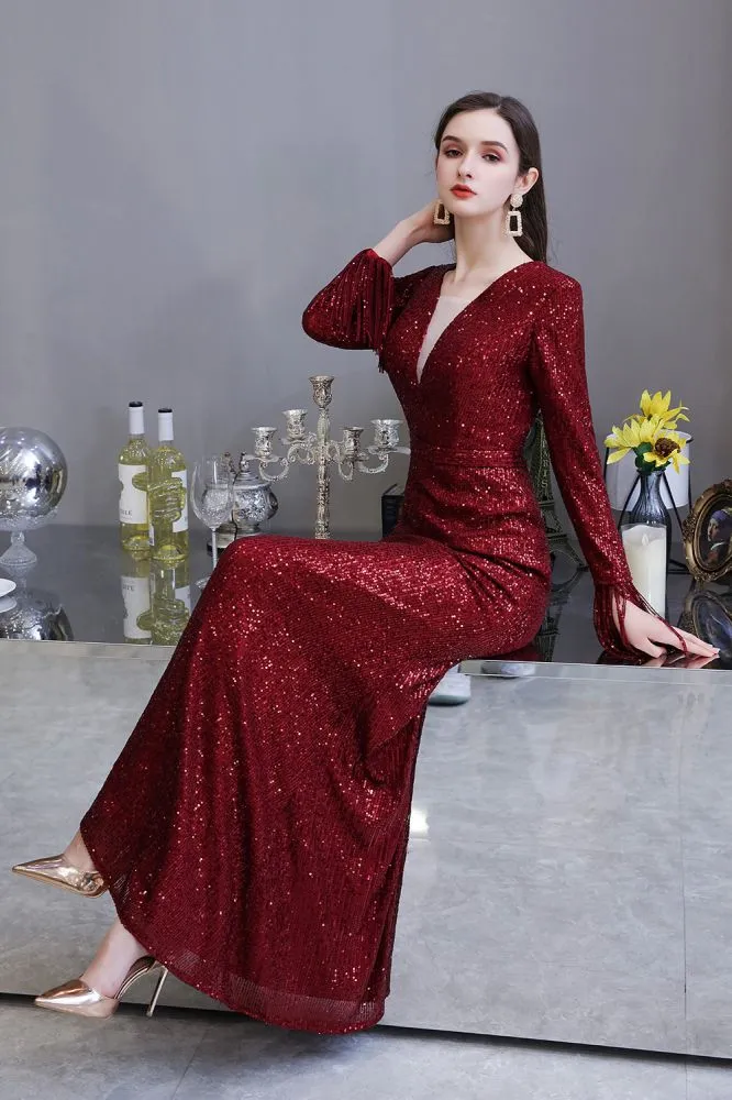 Elegant Sequined Burgundy V-Neck Mermaid Cocktail Party Dress Floor Length