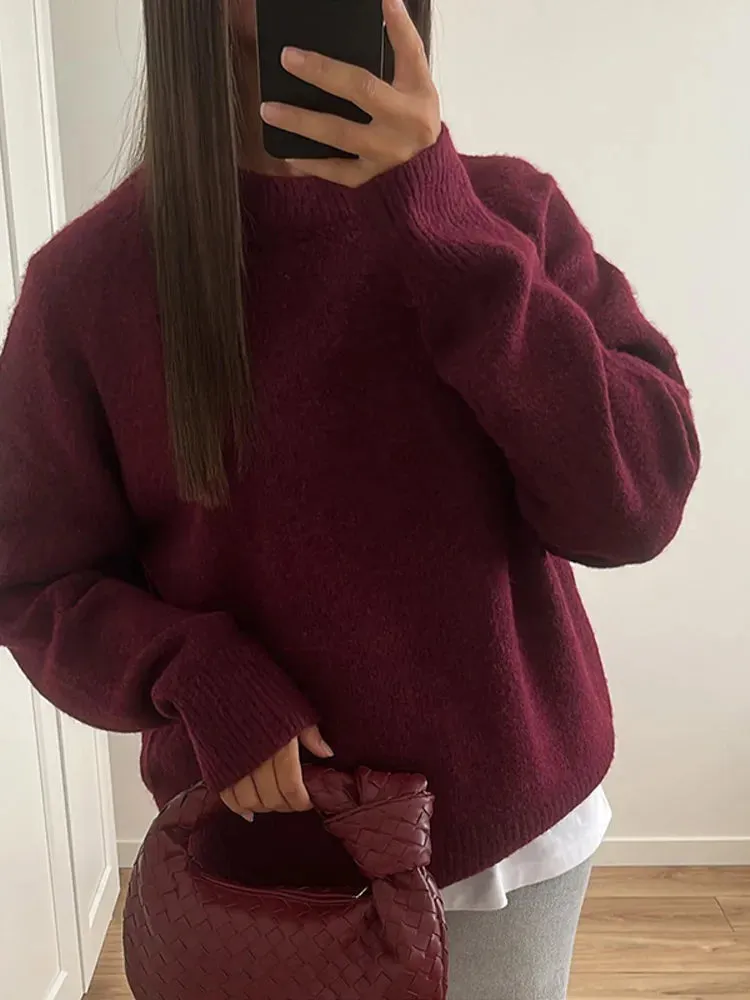 Elegant Solid Round Neck Knitted Pullover Women Casual Long Sleeves Loose 2024 New Fashion Sweater