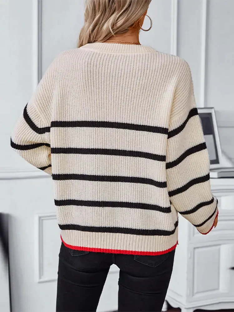 Elegant Striped Round Neck Knitted Pullover Women Casual Long Sleeve Loose Sweater