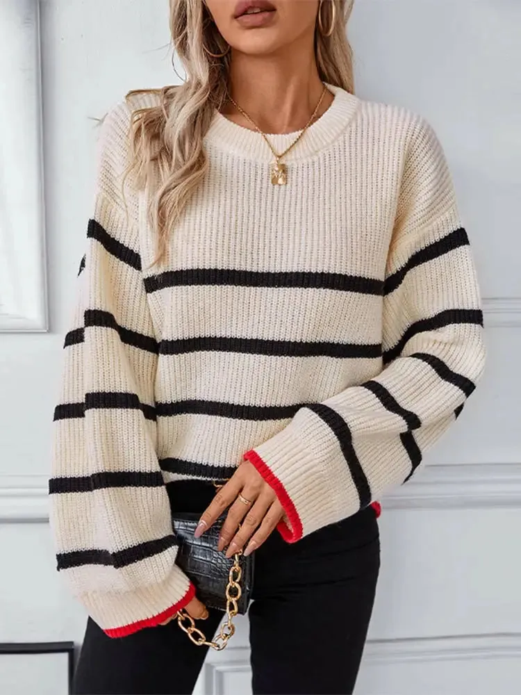 Elegant Striped Round Neck Knitted Pullover Women Casual Long Sleeve Loose Sweater