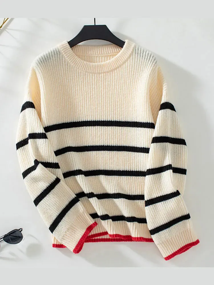 Elegant Striped Round Neck Knitted Pullover Women Casual Long Sleeve Loose Sweater