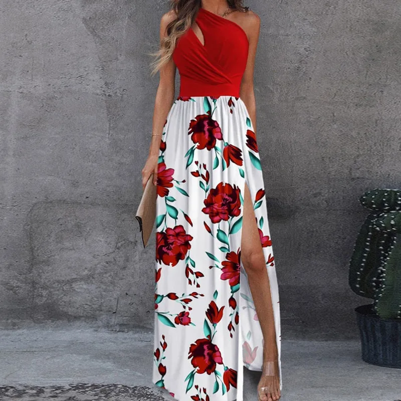 Fashion Print Long Dresses Women Summer Off Shoulder Backless Hollow Out Dress Elegant Chic High Waist Slit Slim Party Dresses