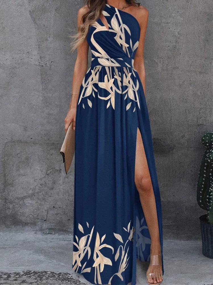 Fashion Print Long Dresses Women Summer Off Shoulder Backless Hollow Out Dress Elegant Chic High Waist Slit Slim Party Dresses