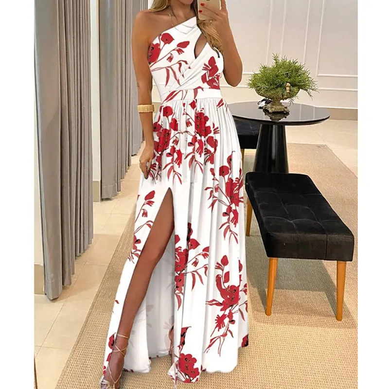 Fashion Print Long Dresses Women Summer Off Shoulder Backless Hollow Out Dress Elegant Chic High Waist Slit Slim Party Dresses