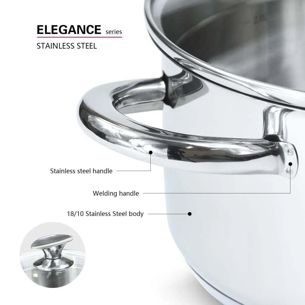 Fissman Stockpot Elegance Series 18/10 Inox304 Stainless Steel With Clear Glass Lid 24x12.5cm/5.6LTR