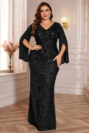 Glitter Black A Line V Neck Plus Size Maxi Wedding Guest Dress