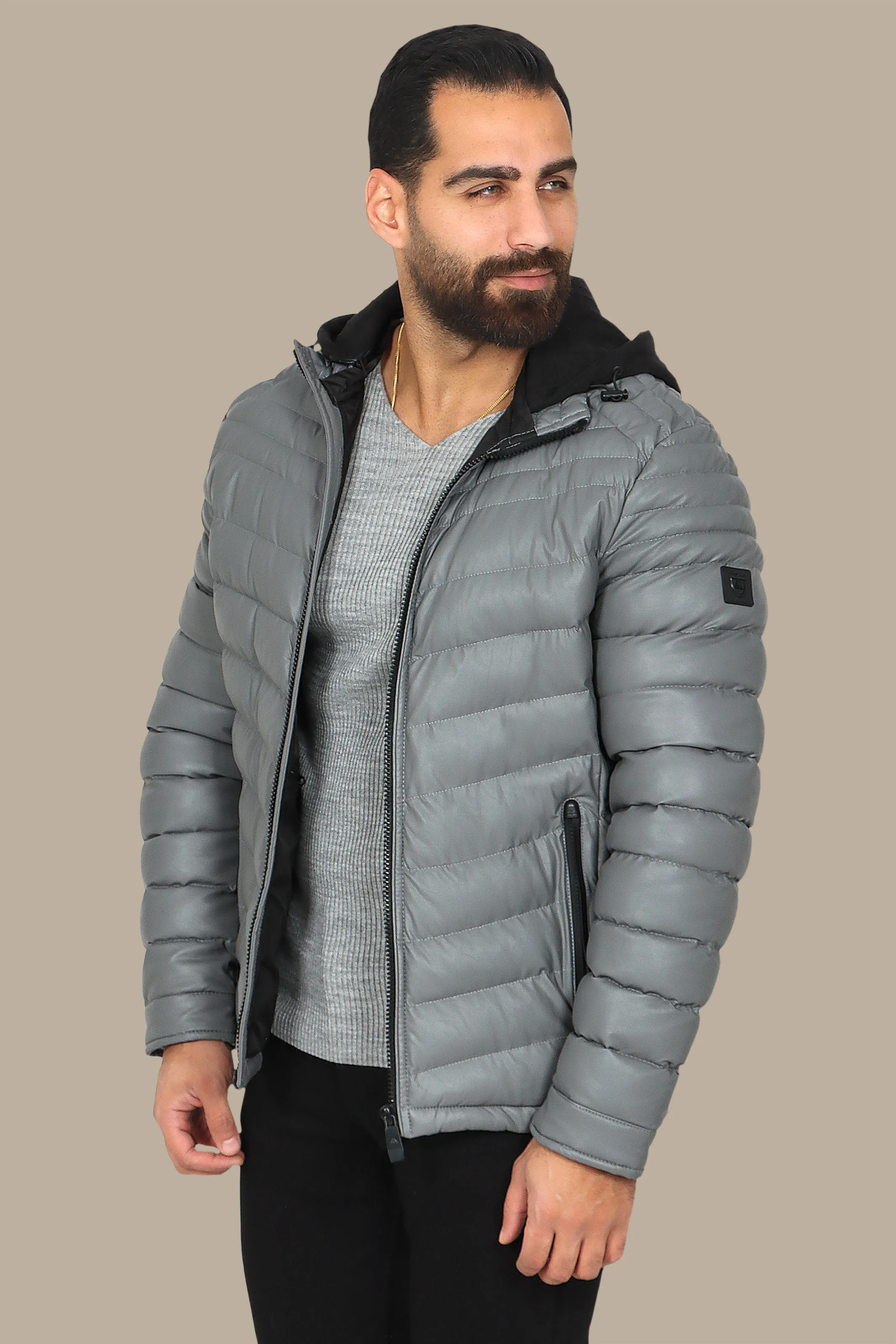 Gray Elegance: Hooded Leather Puffer Jacket