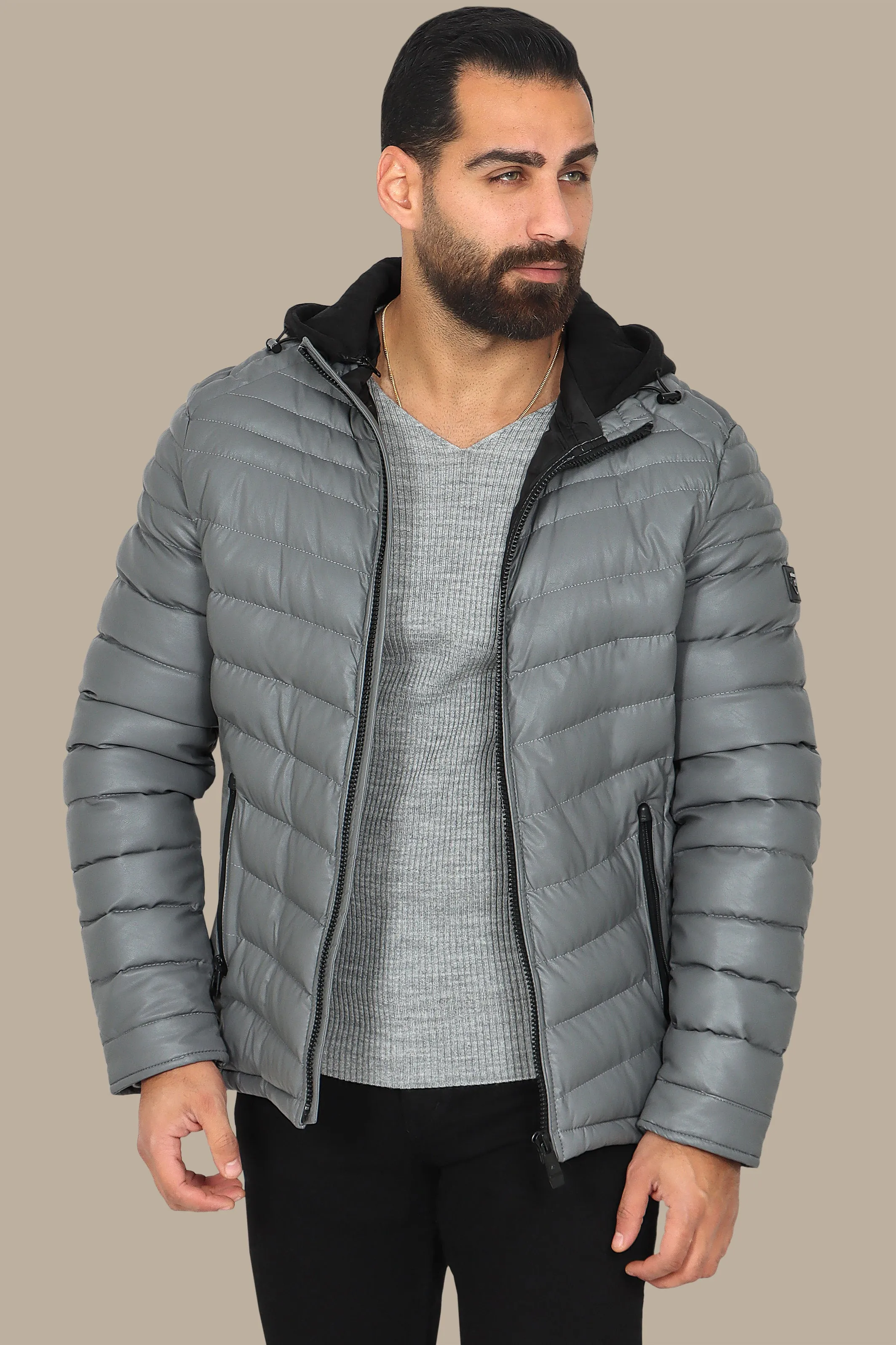 Gray Elegance: Hooded Leather Puffer Jacket