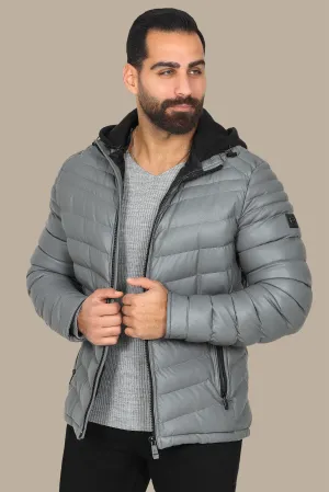 Gray Elegance: Hooded Leather Puffer Jacket