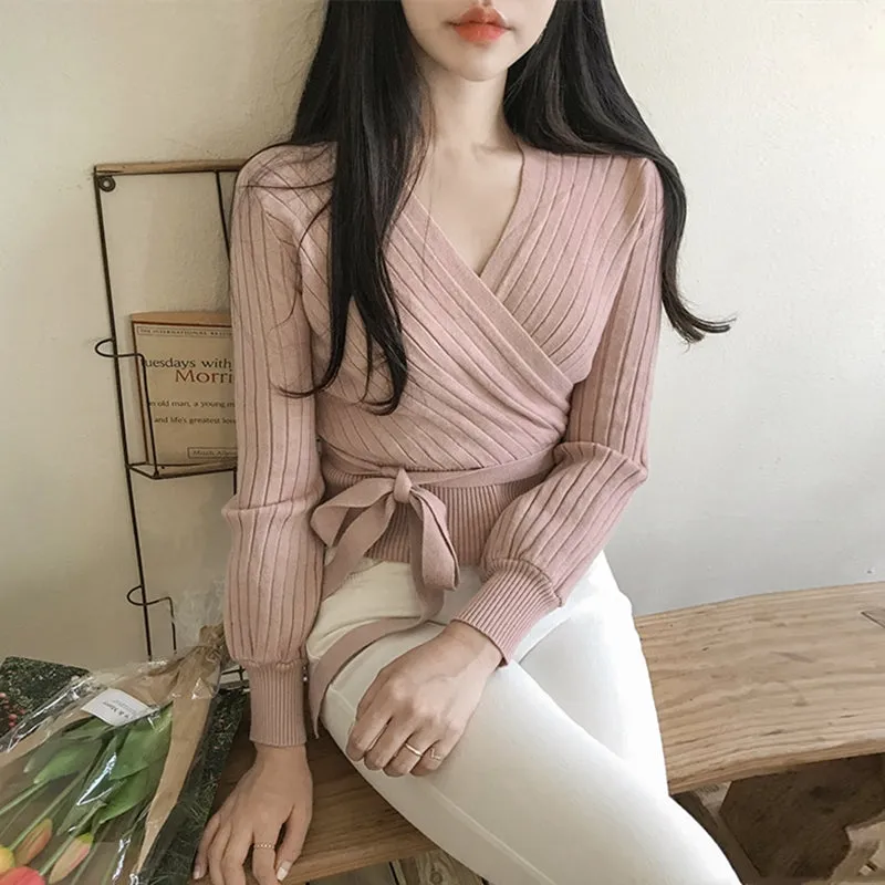 HELIAR Women V-Neck Bandage Waist Sweaters Long Sleeve Pullovers