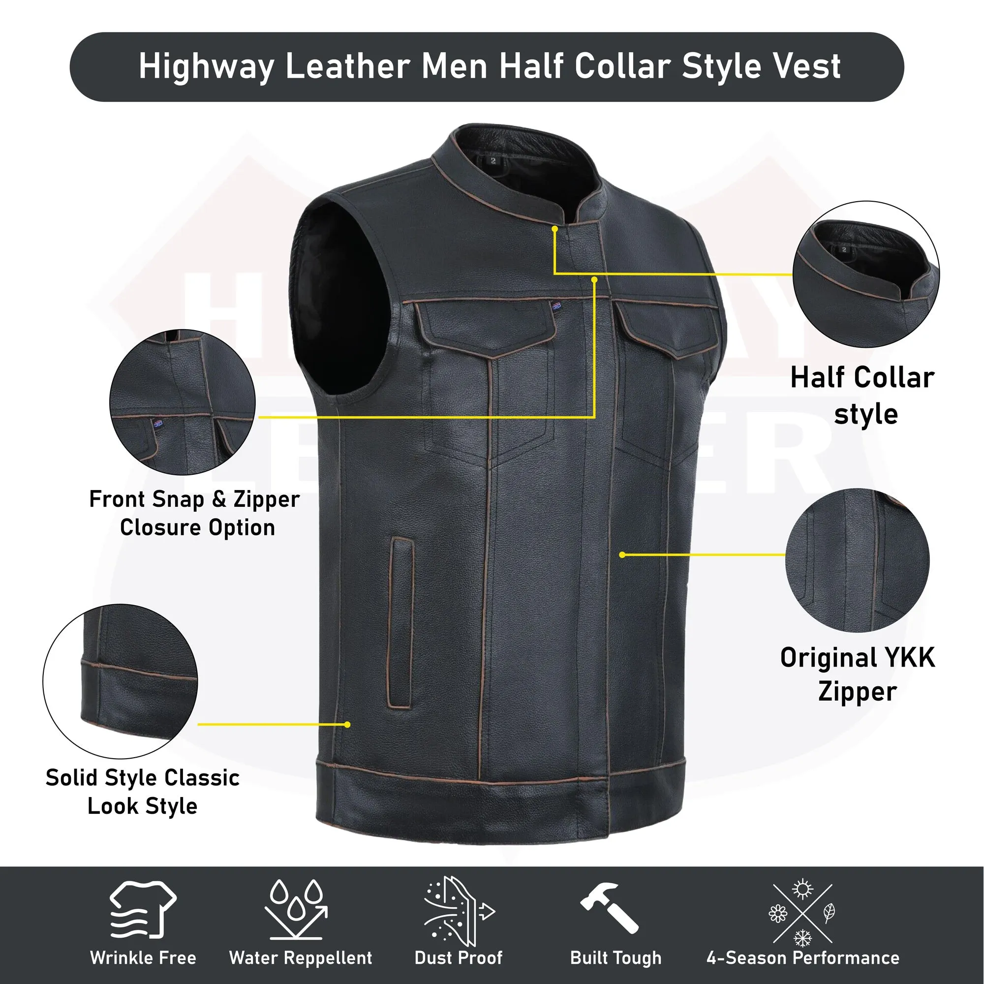 HL11689RB-BROWN RUB BUFF BROWN  Club Leather Motorcycle Vest Men