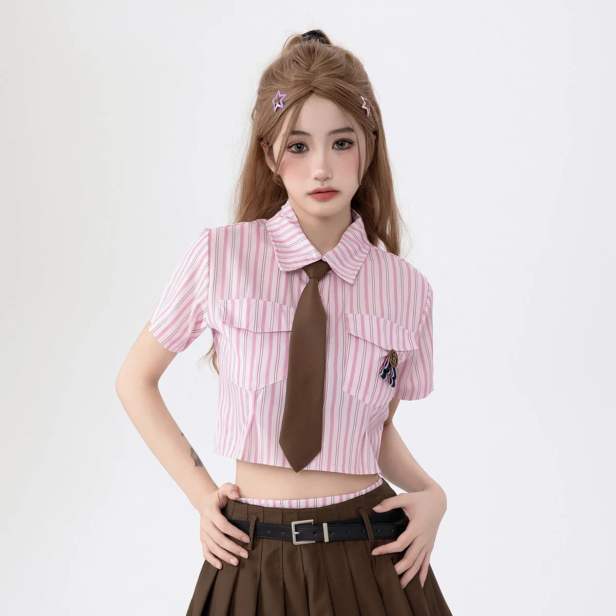 Japanese-Inspired College Woman Striped Shirt