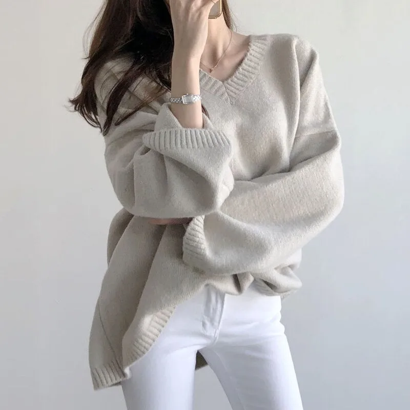 Joskaa Christmas Gift Sweater Women Black White Pullovers Korean Style 2024 New Autumn Winter Loose Casual V-Neck Knitted Top Solid Clothing 16613