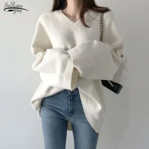 Joskaa Christmas Gift Sweater Women Black White Pullovers Korean Style 2024 New Autumn Winter Loose Casual V-Neck Knitted Top Solid Clothing 16613