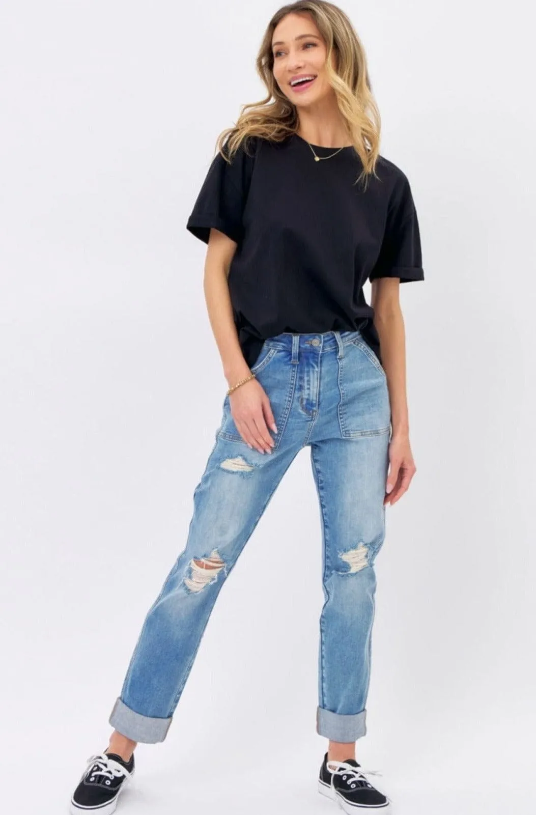 Judy Blue High Waist Patch Pocket Distressed Boyfriend Fit Jeans