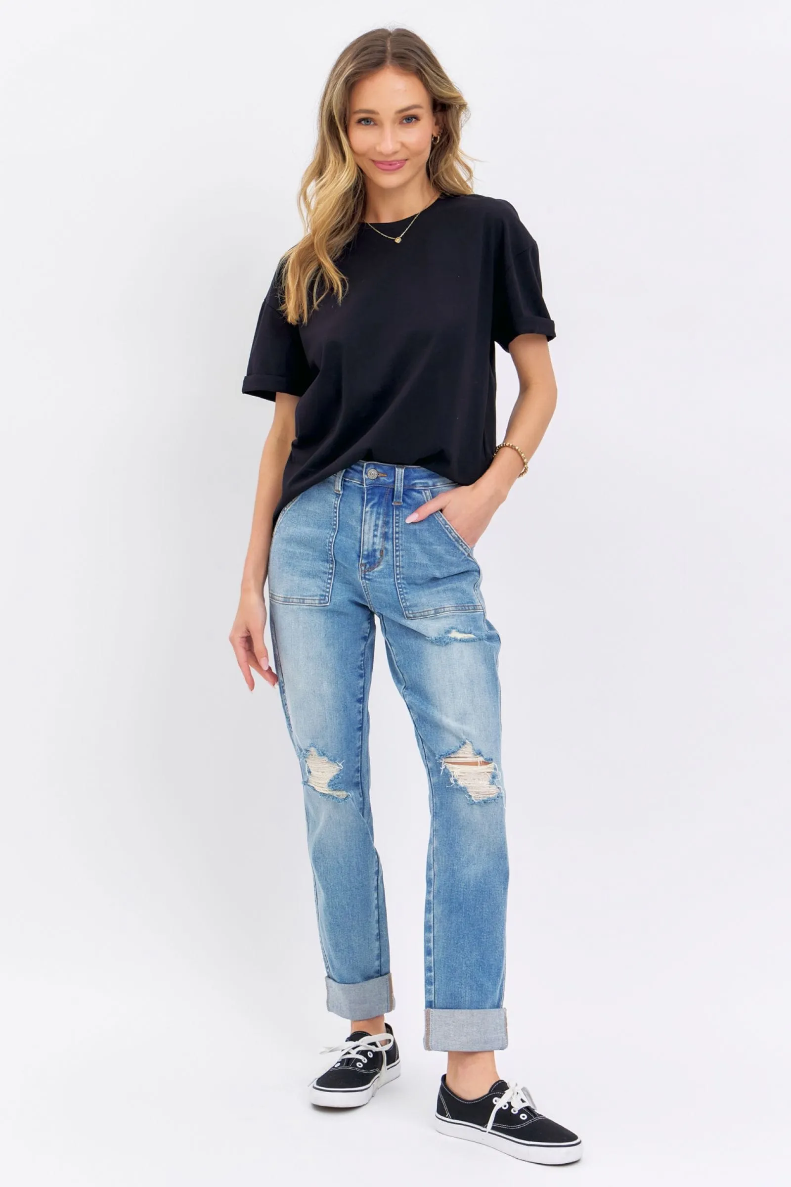 Judy Blue High Waist Patch Pocket Distressed Boyfriend Fit Jeans