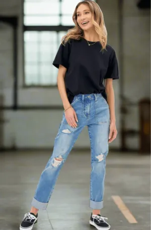 Judy Blue High Waist Patch Pocket Distressed Boyfriend Fit Jeans