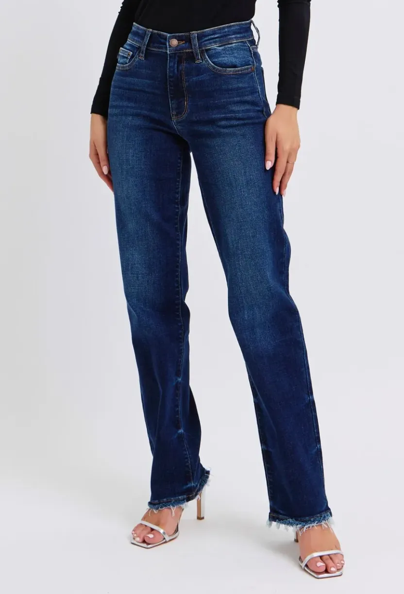 Judy Blue Mid Rise Frayed Hem Straight Leg Jeans