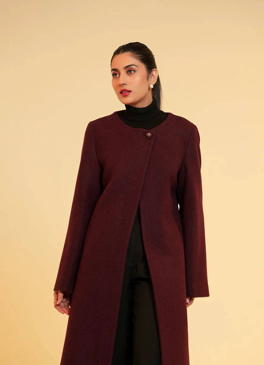 Ladies Open Front Long Coat - Dark Maroon Plain