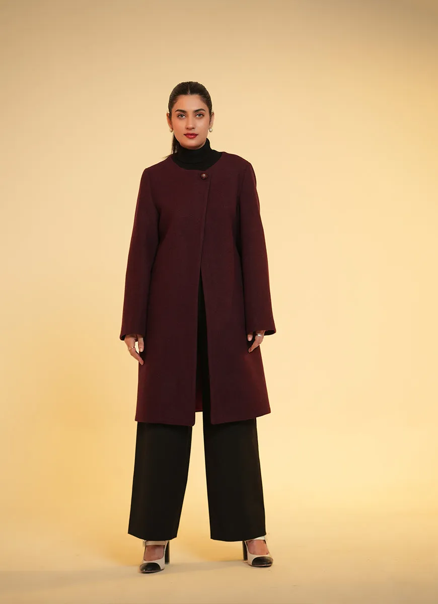 Ladies Open Front Long Coat - Dark Maroon Plain