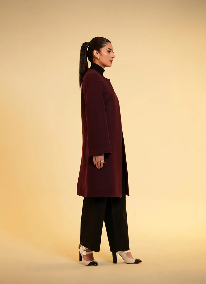 Ladies Open Front Long Coat - Dark Maroon Plain