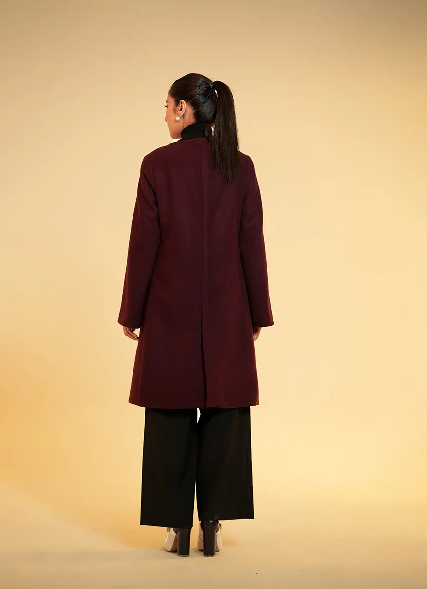 Ladies Open Front Long Coat - Dark Maroon Plain