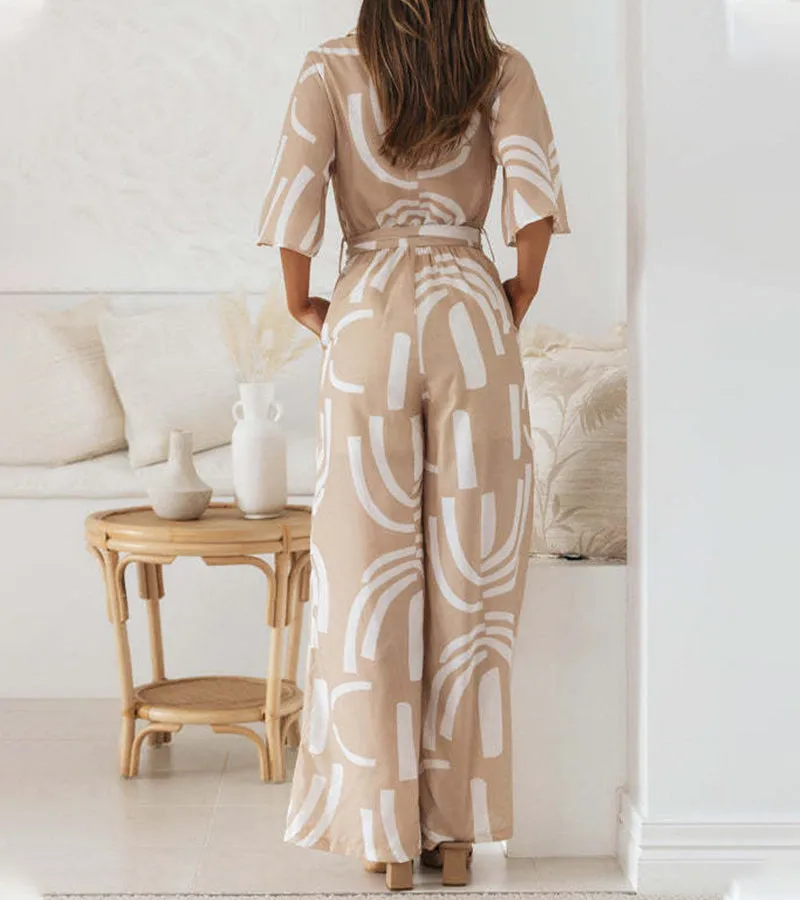 Leaves Printed Lapel, Five-quarter Sleeves and Belted Long Jumpsuit