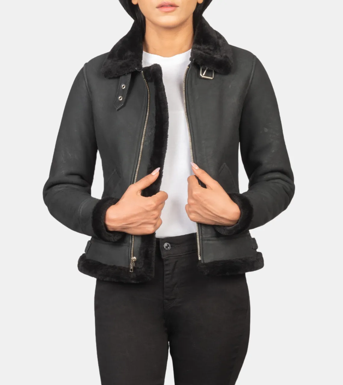 Maisiel Women's Black Bomber Shearling Leather Jacket