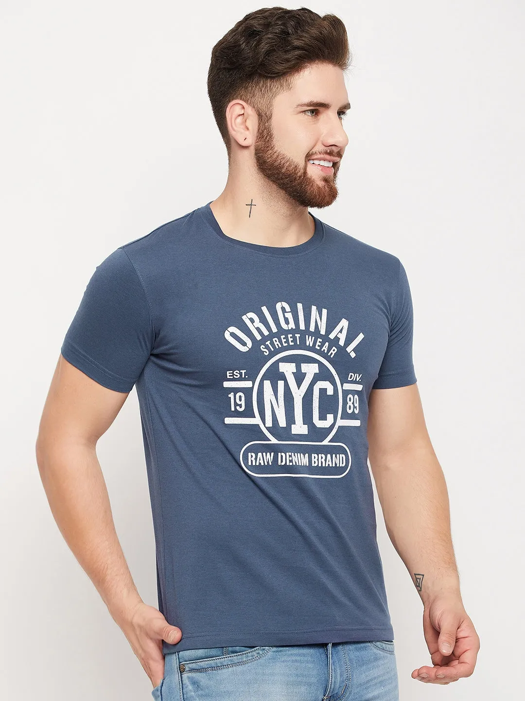 Men Blue Round Neck T-Shirt