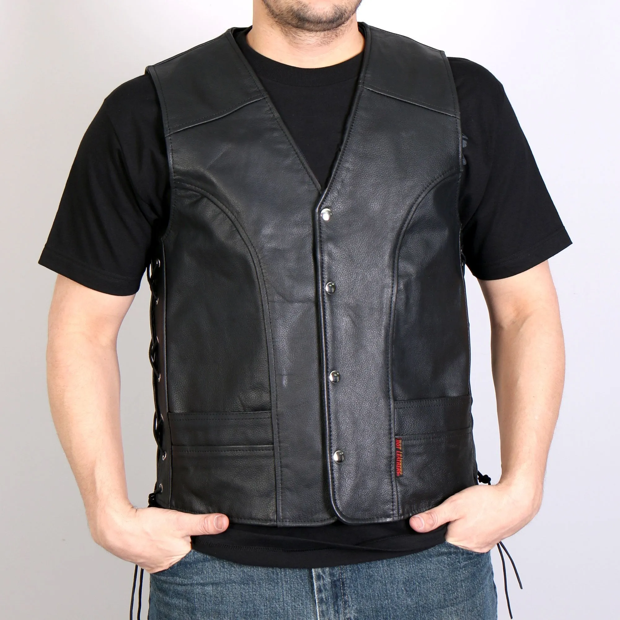 Men's Leather Vest w/ Front Snaps and Side Lace, VSM1030-HL