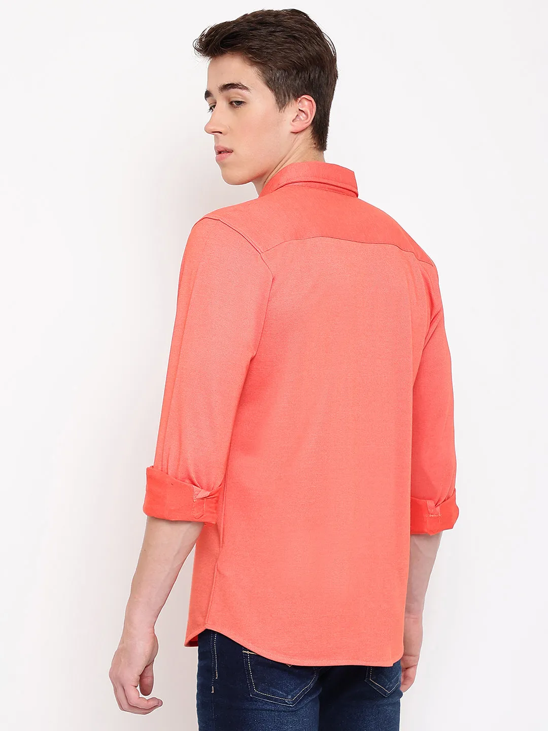 Men's Orange Casual Knit Jersey Full Sleeve Shirt