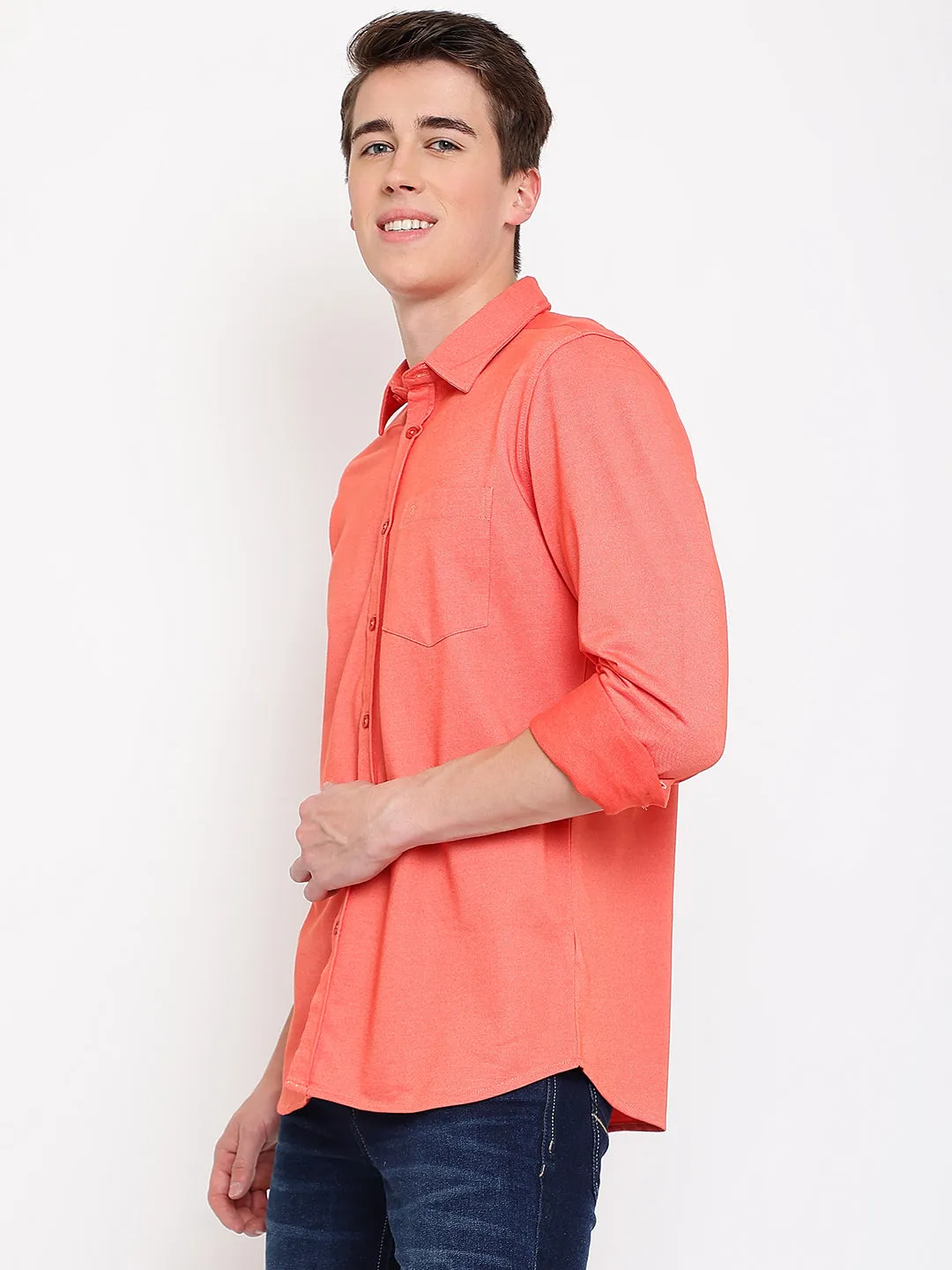 Men's Orange Casual Knit Jersey Full Sleeve Shirt