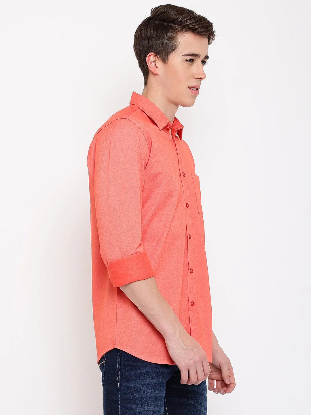 Men's Orange Casual Knit Jersey Full Sleeve Shirt