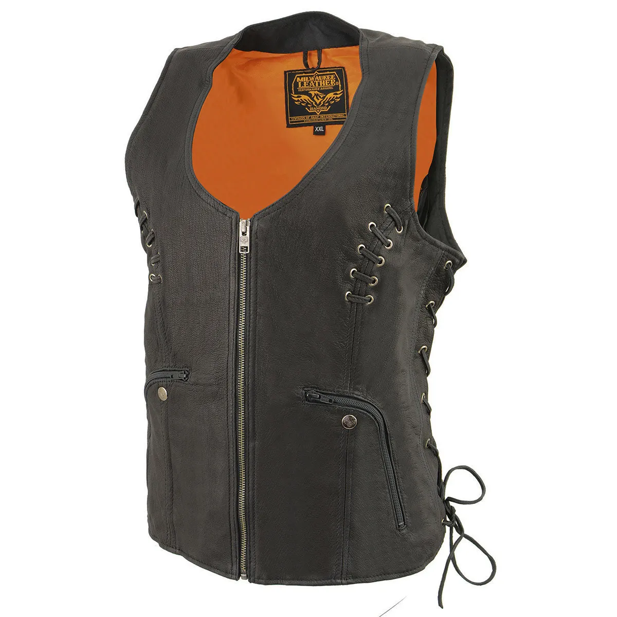 Milwaukee Leather MLL4575 Women's Black Leather Side Lace Multiple Pockets Round V-Neck Motorcycle Rider Vest