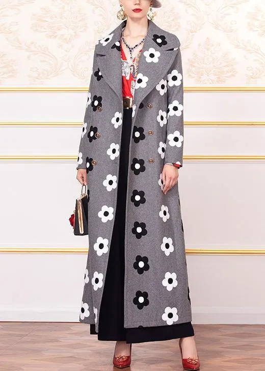 New trendy plus size long coats back open  jacket gray floral double breast Woolen Coats Women