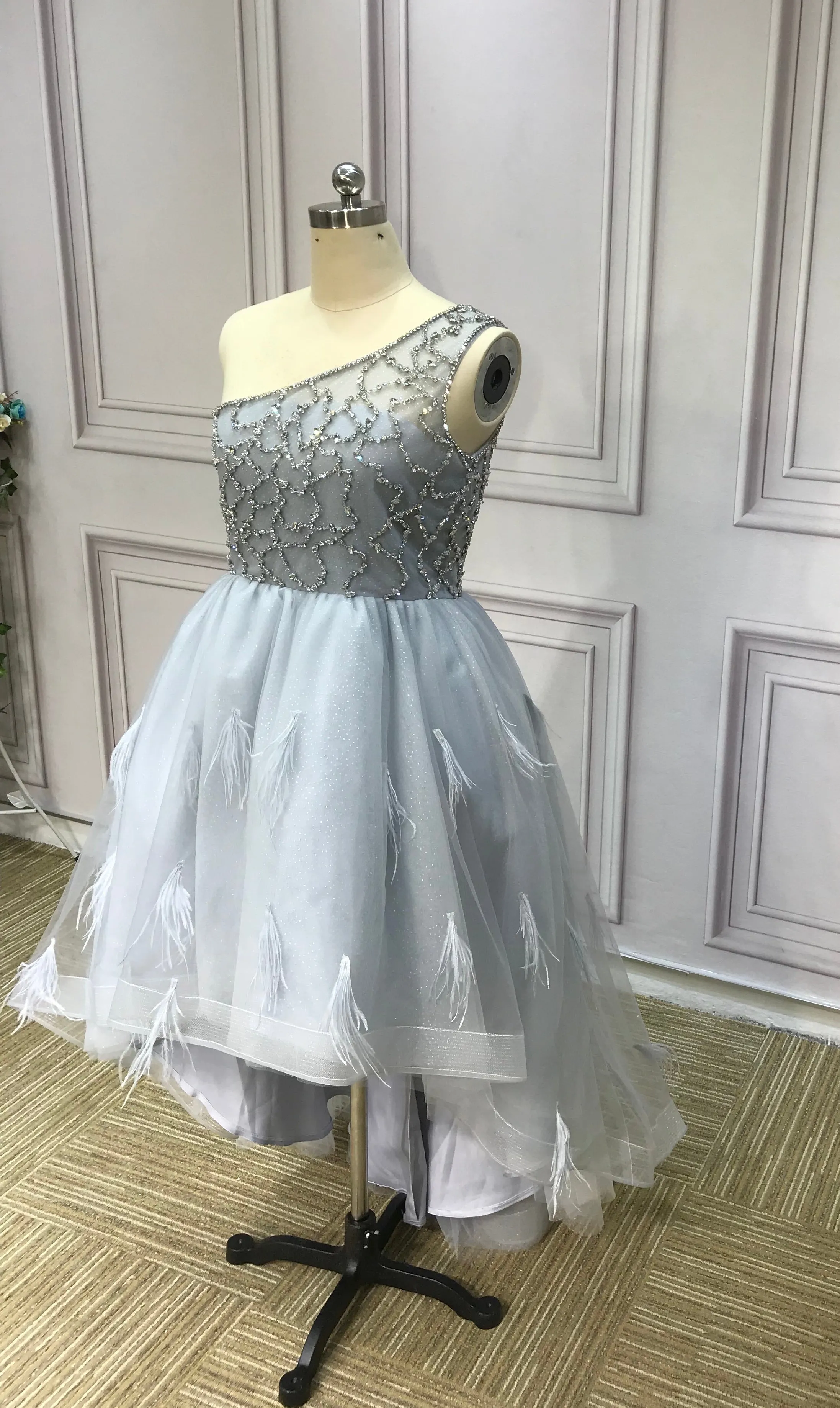 One shoulder gray feathers crystals rhinestones beaded senior flowers girl prom dress