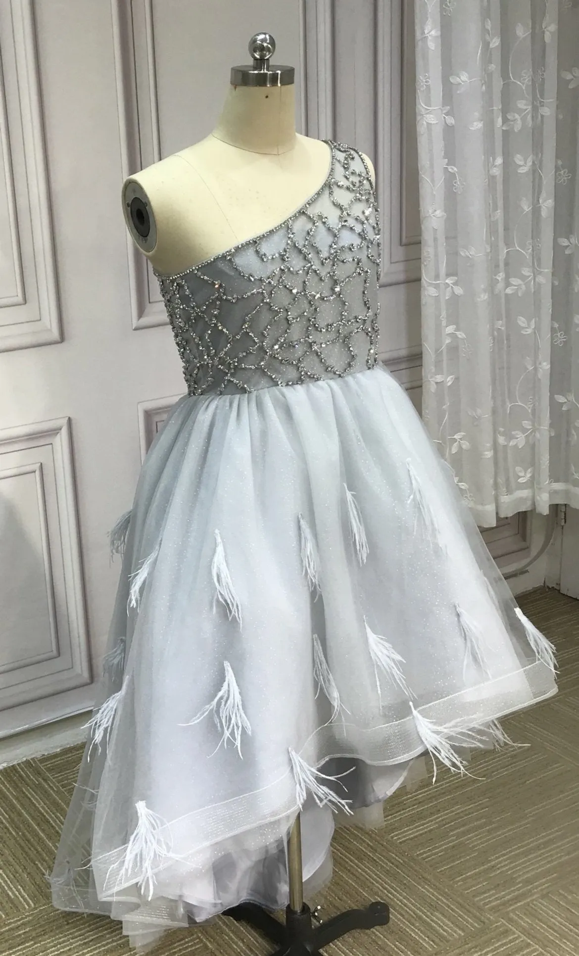 One shoulder gray feathers crystals rhinestones beaded senior flowers girl prom dress