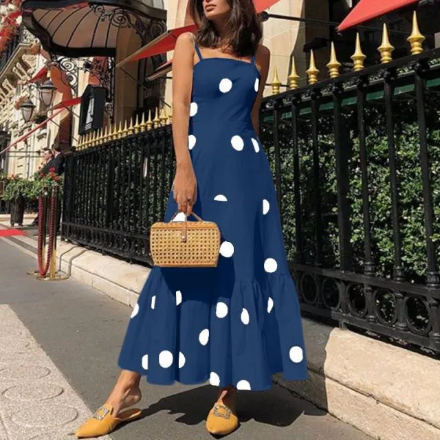 Polka Dot Sling Fashion One-Line Neck Dress