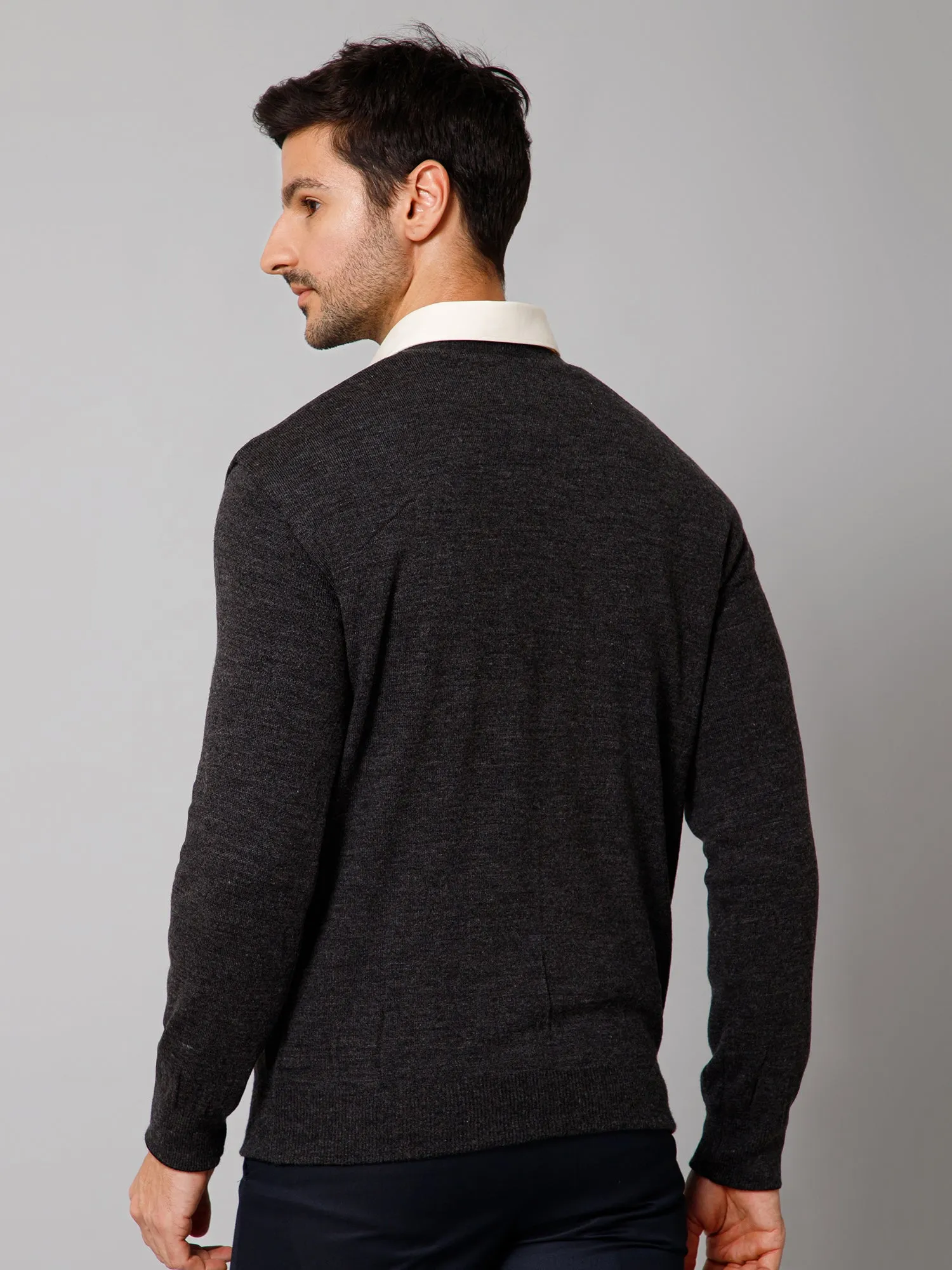 Printed Black and Grey Full Sleeves V Neck Regular Fit Reversible Casual Sweater for Men