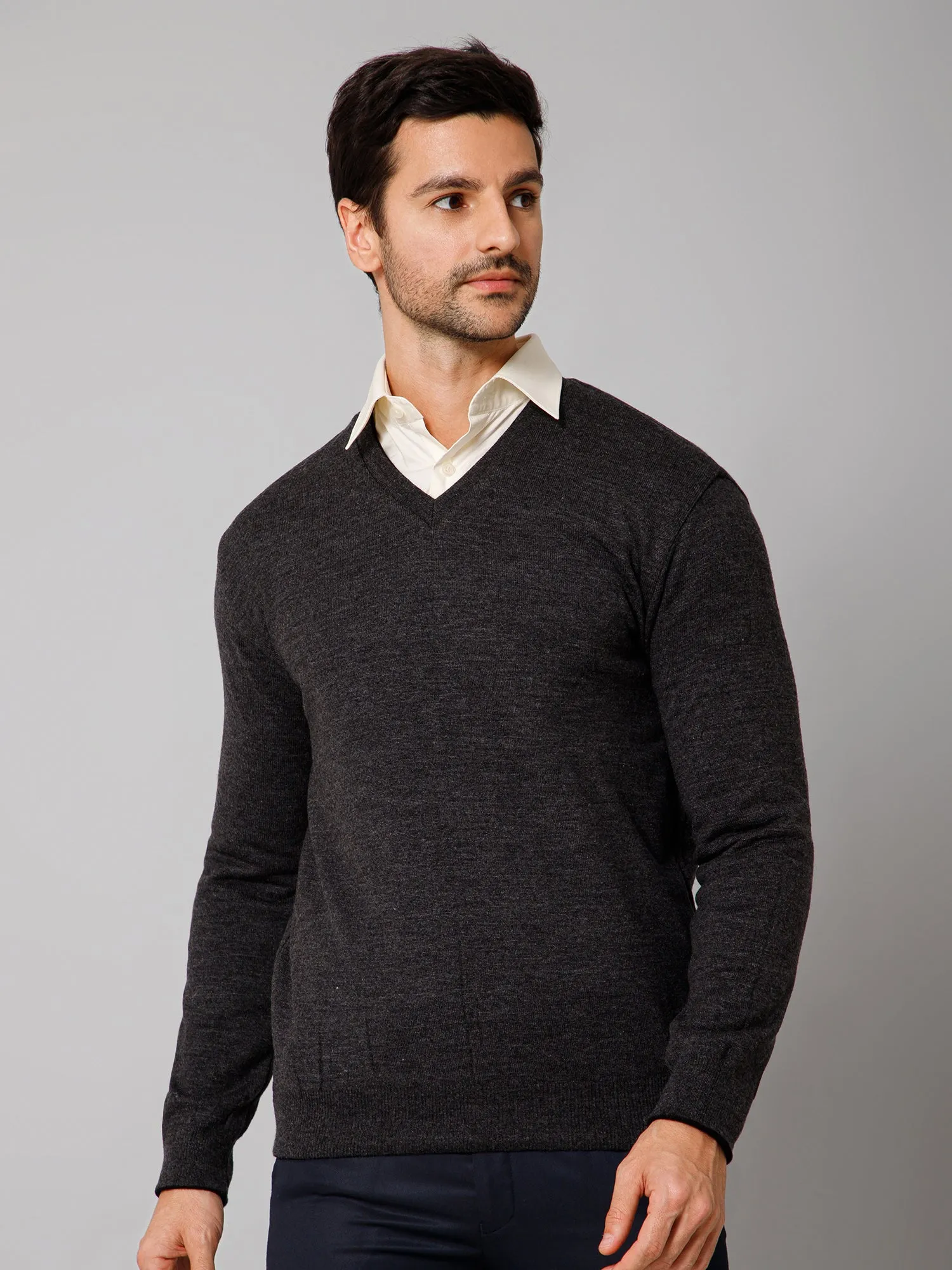 Printed Black and Grey Full Sleeves V Neck Regular Fit Reversible Casual Sweater for Men